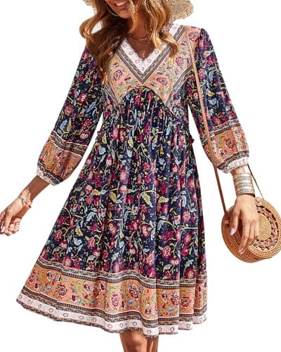 BTFBM Womens Summer Dresses 2026 Casual V Neck 3/4 Long Sleeve Ruffle Floral Flowy Boho Babydoll Mini Spring Beach Dress(Floral Red Navy, Large) - Image 1