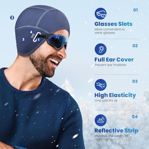 Bodvera Skull Cap Helmet Liner with Eyeglasses Holes,Ear Warm Cycling Cap,Thermal Head Cap for Men & Women in Winter. Navy Blue - Thumbnail 2