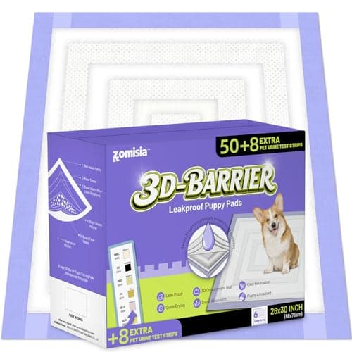 ZOMISIA 3D-Barrier Puppy Pee Pads for Dogs, 12 Cups Absorb & Rise Puffy Gel-Wall Leak-Proof, 26"x30" 50 Counts + 8 Pet Urine Test Strips, Super Absorbent Disposable Potty Training Pads - Image 1