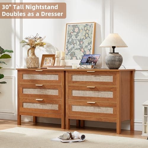LEYAOYAO 31.5" Wide Rattan Night Stand with Charger Station, Large Boho 3 Drawer Nightstand, Teac Brown Bedside Table with Storage, 30" Tall Bed Side End Tables for Bedroom, Living Room, Hallway - Thumbnail 3