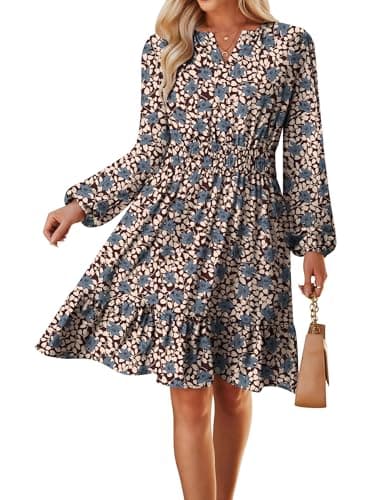 Spring Dresses for Women 2026,Casual Long Sleeve Floral Mini Dress,Brown Blue Wedding Guest Dress S - Image 1