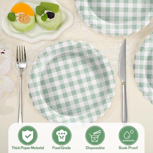 NatNarr 30 Pcs Sage Green Gingham Plates, 7 Inch Scalloped Camping Plaid Dessert Dinner Party Plates Green and White Gingham Party Supplies for Picnic, Baby & Bridal Shower, Wedding - Thumbnail 4