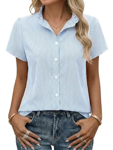 Funlingo Striped Button Down Shirts for Women Business Casual Short Sleeve Tops Summer Ruffle Collar Blouses Office Work Clothes Blue White XL - Image 1