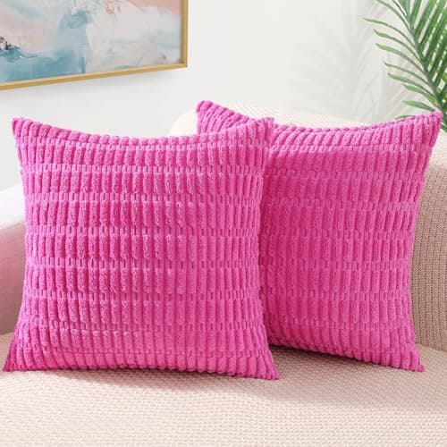decorUhome Hot Pink Neutral Decorative Throw Pillow Covers 26x26 Inch Set of 2, Boho Soft Corduroy Striped Square Pillow Covers Modern Twill Pillow Covers for Couch Bed Sofa Living Room - Image 1
