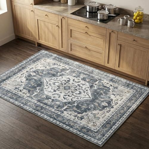 Cnythlis Washable Area Rug, Water Resistant Non-Slip Rug, Distressed Medallion Carpet for Living Room Bedroom Dining Room, Soft, Foldable Floor Mat, Blue Gray & Ivory, 2’x 3’ - Image 1