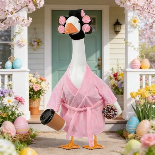 yuboo Lady Porch Goose Outfit 23 Inch Pink Bathrobe, Spring Goose Clothes Porch Geese Accessories Pink Pajamas Robe Curlers and Coffee Cup for Spring Easter Funny Decoration - Image 1