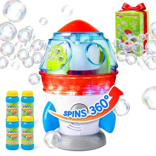 Rocket-Shaped Bubble Machine for Kids & Pets - Dual Powerful Bubble Outlets, Automatic 360° Rotation, Adjustable LED Lights & Music – Ideal for Indoor/Outdoor Birthday Parties