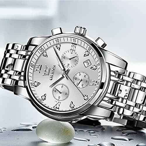OLEVS Watch Men Silver Watches for Men Stainless Steel Analog Quartz Mens Watches Dress Waterproof Metal Band Luxury Wrist Watch for Man with Day Date Diamond Large Face Chronograph Reloj para Hombre - Thumbnail 4