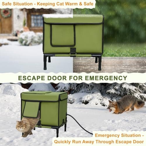 Palopalo Dewproof Heated Cat House for Outdoor Winter, Insulated Discreet Pet Shelter with Waterproof Heating Pad & Escape Door for Feral, Stray, Barn Kitty Cats (Army Green, 16.5"x12.5"x17.7") - Thumbnail 5