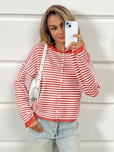 Saodimallsu Womens Striped Cardigan Casual Long Sleeve Open Front Button Down Loose Knit Lightweight Fall Sweaters Red - Thumbnail 5
