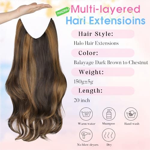 Invisible Wire Hair Extensions with Transparent Wire Adjustable Size 4 Secure Clips Long Wavy Secret Hairpiece 20 Inch for Women(Balayage Dark Brown to Chestnut) - Thumbnail 2