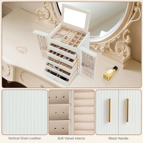 Dajasan Large Jewelry Organizer Box, Jewelry Boxes for Women Girls, 6-Tier Jewelry Storage Organizer with Mirror for Necklace Ring Bracelet Watch, Gift Idea (White) - Thumbnail 5
