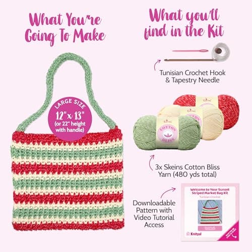 KnitPal Sunset Striped Market Bag Tunisian Crochet Kit for Confident Beginners – Make a Reusable Market Tote – with Cotton Bliss Yarn, Tunisian Crochet Hook, Pattern & Video Tutorials - Thumbnail 3