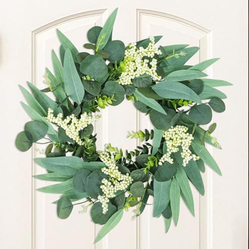 20 Inch Artificial Eucalyptus Wreath for Front Door - Farmhouse Spring Wreath with White Berries, Thick Vine & Full Leaves, All Season Home Decor for Porch, Window, Wall, Spring, Wedding Decorations - Image 1