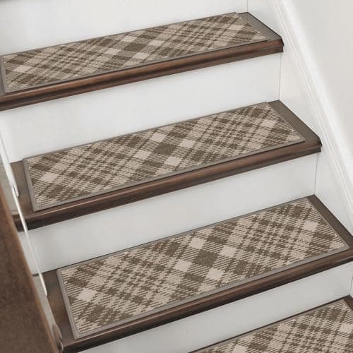 BEQHAUSE Stair Treads for Wooden Steps Non-Slip Indoor Stair Runner Washable Carpet for Stairs Self-Adhesive Stair Rug for Elders Kids and Pets, 8X30 in, 15 PCS, Modern Diamond Check, Grey/Brown - Image 1
