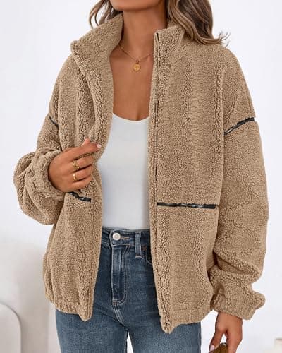 KIRUNDO Sherpa Jacket Women Fleece Oversized Zip Up Winter Coats Fall Jackets Faux Fur Warm Outwear 2026 Fashion Clothing(Khaki, XX-Large) - Thumbnail 4