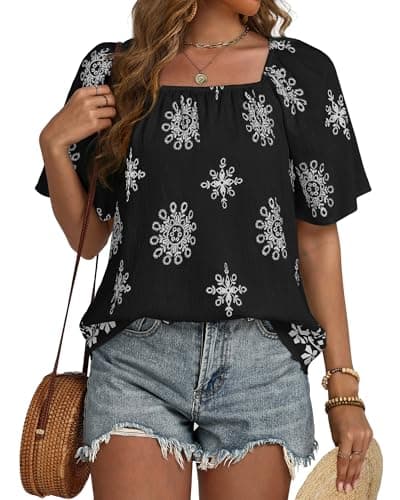 IEEILULU Womens Summer Boho Tops Floral Print Square Collar Loose Fit Blouses Tunic Casual Beach Vacation Shirts Black White XXL