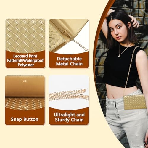 U+U Crossbody Bags for Women, Small Leather Bag with Removable Chain, Card Slots & Phone Pocket - Lightweight Purse Wallet (Gold) - Thumbnail 5