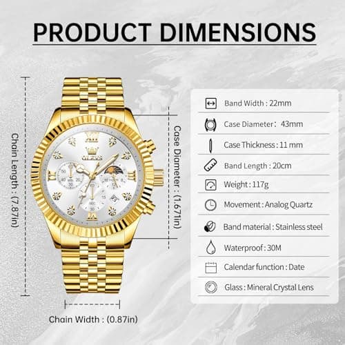 OLEVS Gold Watches for Men Luxury Large Dial Chronograph Gold Man Watch Waterproof Diamond Analog Quartz Nice Dress Watches Roman Numerals Relojes para Hombres - Thumbnail 6