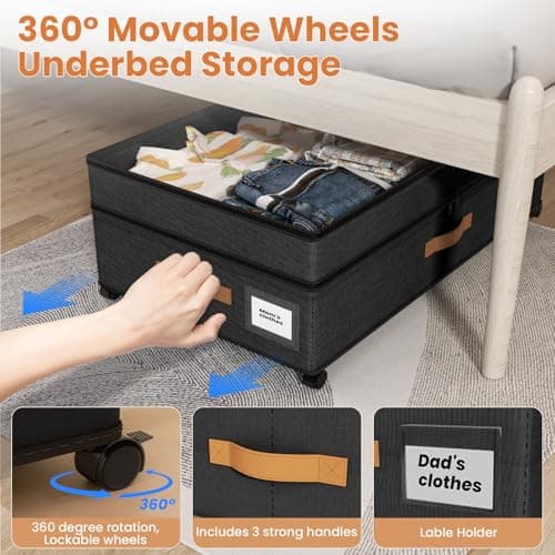 Mqaue Under Bed Storage with Wheels, 72L XXL Under the Bed Storage Containers Large, 10‘’ Tall Adjustable Storage for Underbed with Lids, Rolling for Shoes, Clothes, Blankets, Black - Thumbnail 3