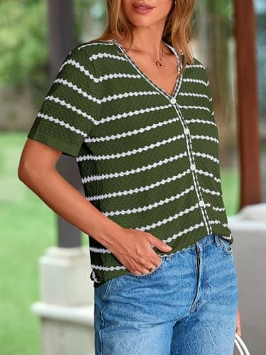 NALANISA Short Sleeve Sweaters for Women Trendy 2026 Spring Summer Tops V Neck Striped Button Up Causal Dressy Blouses (Army Green,XL) - Thumbnail 4