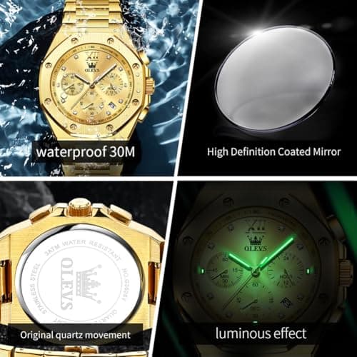 OLEVS Gold Watches for Men Luxury Stainless Steel Dress Large Face Wrist Waterproof Quartz Analog Mens Watch Chronograph Octagonal Dial Luminous Watches for Men Relojes para Hombres - Thumbnail 6