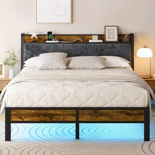 ALBERTO Queen Bed Frame with LED Lights and Charging Station, Upholstered Headboard with Storage, Metal Platform Bed Frame with Slats, No Box Spring Needed, Easy Assembly - Image 1
