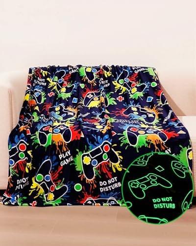 Gaming Gifts for Gamer Glow in The Dark Blanket: Cool Birthday Glowing Presents Toys for Video Game PC Gamers Men Teen Boys Kids Adults Girls Valentines Easter Christmas Ideas Throw Navy Blue 60x50 In - Image 1