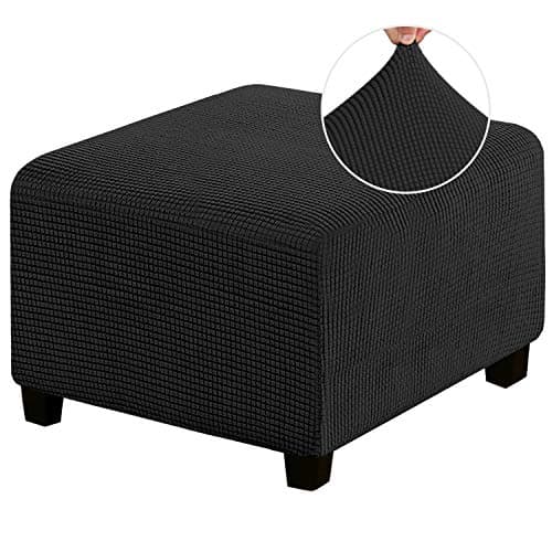 PrinceDeco Stretch Ottoman Cover Ottoman Slipcovers Square for Living Room Foot Stool Stretch Covers to Fit Ottoman Foot Rest, Thick Checked Jacquard Fabric with Elastic Bottom (Medium Size, Black) - Image 1