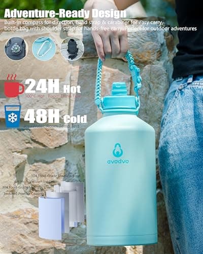 avodvo 1 Gallon Water Bottle with 2 Lids (2-in-1 Straw & Spout Lid, Magnetic Lid), Insulated Water Bottle with Strap, Stainless Steel Water Bottle for Hiking, Gym, Travel, BPA-Free, Army Green - Thumbnail 5