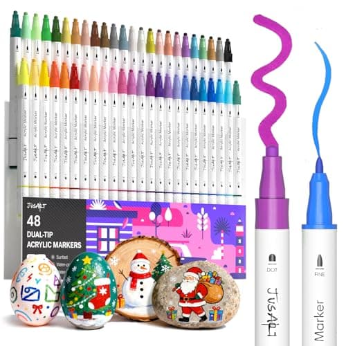 JusArt 48 Colors Acrylic Paint Markers, Dual Tip Coloring Markers with Dot and Fine Tip for Rock, Fabric, Wood, Glass, Ceramic, Canvas, Vibrant Art Supplies for Adult - Image 1