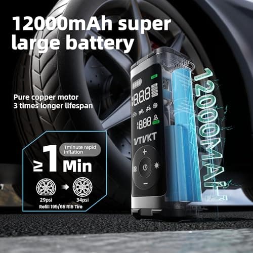 VTVKT Tire Inflator Portable Air Compressor, 150PSI Cordless Fast Inflation Air Pump, All-Aluminum Body, 12000mAh Battery Capacity, Digital Gauge, 45W 4X Fast Charging, Flagship Package - Thumbnail 3