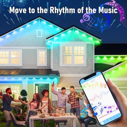 MUCCCUTE Permanent Outdoor Lights for Valentines100ft RGB + IC Eaves Lights with App & Remote Control, Outdoor String LED IP67 Waterproof for Holidays New Year July 4th Roof Eaves House Garden Decor - Thumbnail 4