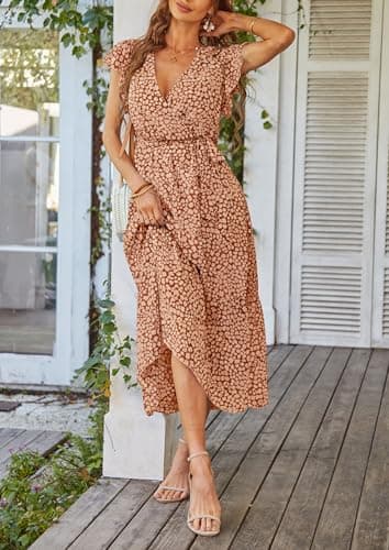 PRETTYGARDEN Women's Summer Floral Boho Dress Wrap V Neck Short Sleeve Ruffle A-Line Flowy Maxi Wedding Guest Dresses (Coffee,Small) - Thumbnail 4
