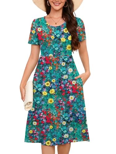 DEARCASE Summer Midi Dresses for Women Floral Rapeseed Petals Medium Short Sleeves A line Casual Wedding Guest Flowy Swing Cocktail Party Holiday Spring Travel Long Dress with Pockets - Image 1