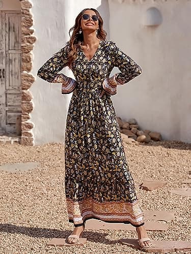 PRETTYGARDEN Long Flowy Dresses for Women - V Neck Casual Button Down Boho Floral Maxi Dresses (Black Yellow,Small) - Thumbnail 6
