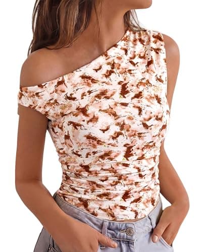 NOLLSOM Spring Tops for Women Trendy Off The Shoulder Top Going Out T Shirts Casual Floral Blouses Summer Outfits 2026(Floral Brown,Small) - Image 1