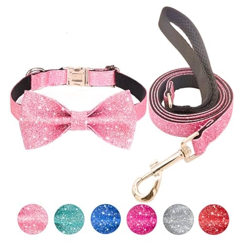 Jumpress Bling Bow Tie Dog Collar and Leash Set, Cute Pink Girl Dog Collar with 5ft Leash for Small Medium Dogs Daily Walking or Holiday Party (Neck fit 13-19’’) - Image 1