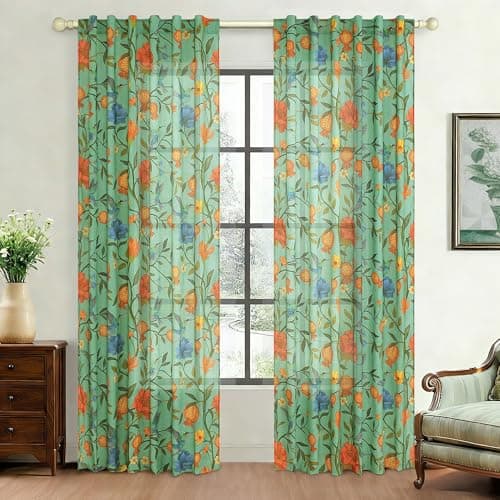 JOOJA Green Floral Linen Curtains, Boho Whimsical Bird Print Curtains for Bedroom Window Colorful Patterned Sheer Curtains for Living Room Kitchen 2 Panels 63 Inches Long - Image 1
