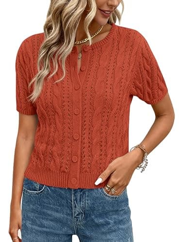 MASCOMODA Women Summer Cable Knit Crochet Cardigan Sweaters Casual Button Short Sleeve Sweater Cute Beach Hollow Out Knit Top(Rust,Small) - Image 1