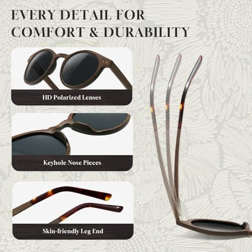 SUNGAIT Round Wood Polarized Sunglasses Women Men Vintage Retro Oak Walnut Rosewood Wooden Shades UV Protection (Walnut Frame/Grey Lens) - Thumbnail 4