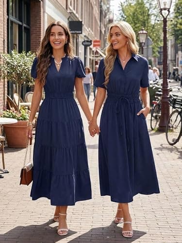 ECOWISH Womens Midi Dress Summer Casual A Line Maxi Shirt Dresses Spring Short Sleeve Button Front V Neck Pockets Work Dress 25Navy Blue Small - Thumbnail 3