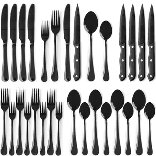 Astercook 24-Piece Black Silverware Set with Steak Knives Flatware Set for 4 Food-Grade Stainless Steel Cutlery Set Mirror Polished Utensils Set Include Spoons and Forks for Home Kitchen Restaurant - Image 1