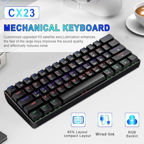 Taramico 60% Gaming Keyboard, Black Wired RGB Mechanical Keyboard with No-Conflict 61 Keys, Compact PC Game Keyboards for Windows Mac, Quiet Blue Switch - Thumbnail 2