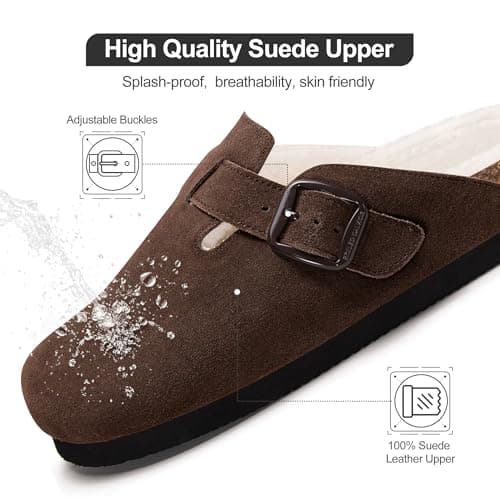Fuzzy Suede Clogs for Women Fur Lined Leather Mules Soft Non Slip Potato Shoes with Arch Support Coffee - Thumbnail 3