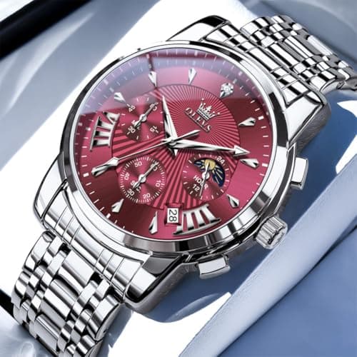 OLEVS Watch Men Red Face Watches for Men Silver Mens Watches Luxury Reloj para Hombre Analog Quartz Dress Stainless Steel Waterproof Chronograph Moon Phase Date Diamond Men's Wrist Watch - Thumbnail 4
