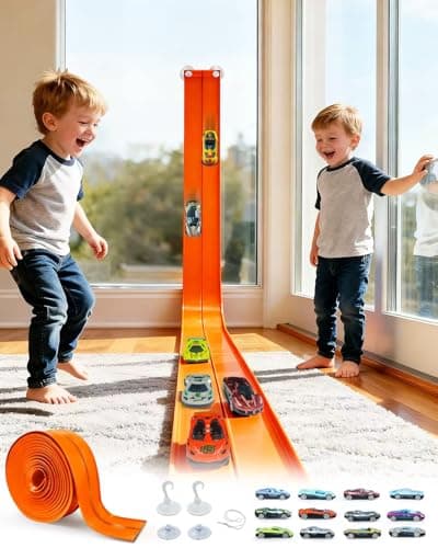 15Ft Flex Track Starter Set – Classic Extra Long Bendable Flexible Race Car Track, Rolls Up Racetrack Portable, Compatible with Diecast 1/64 Scale Cars, Kids 3+ Years-Orange - Image 1
