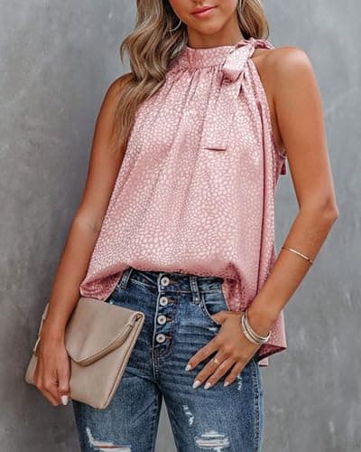 BTFBM Women Sleeveless Tie Mock Neck Spring Summer Tops Loose Casual Side Bow Satin Halter Tank Top Blouses Shirts Clothes(Light Pink, Large) - Thumbnail 6