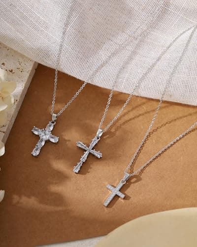 Solistra Cross Necklace for Women, Silver Plated Cubic Zirconia Cross Pendant Necklace, Trendy Christian Gifts for Baptism First Communion Christmas - Thumbnail 5