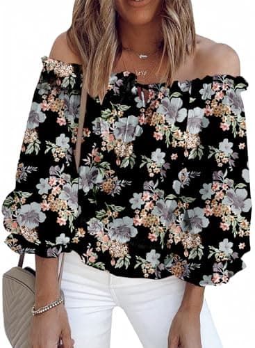BLENCOT Summer Sexy Off Shoulder Blouse for Women 3/4 Ruffle Sleeve Floral Chiffon Shirts Tops Black L - Image 1